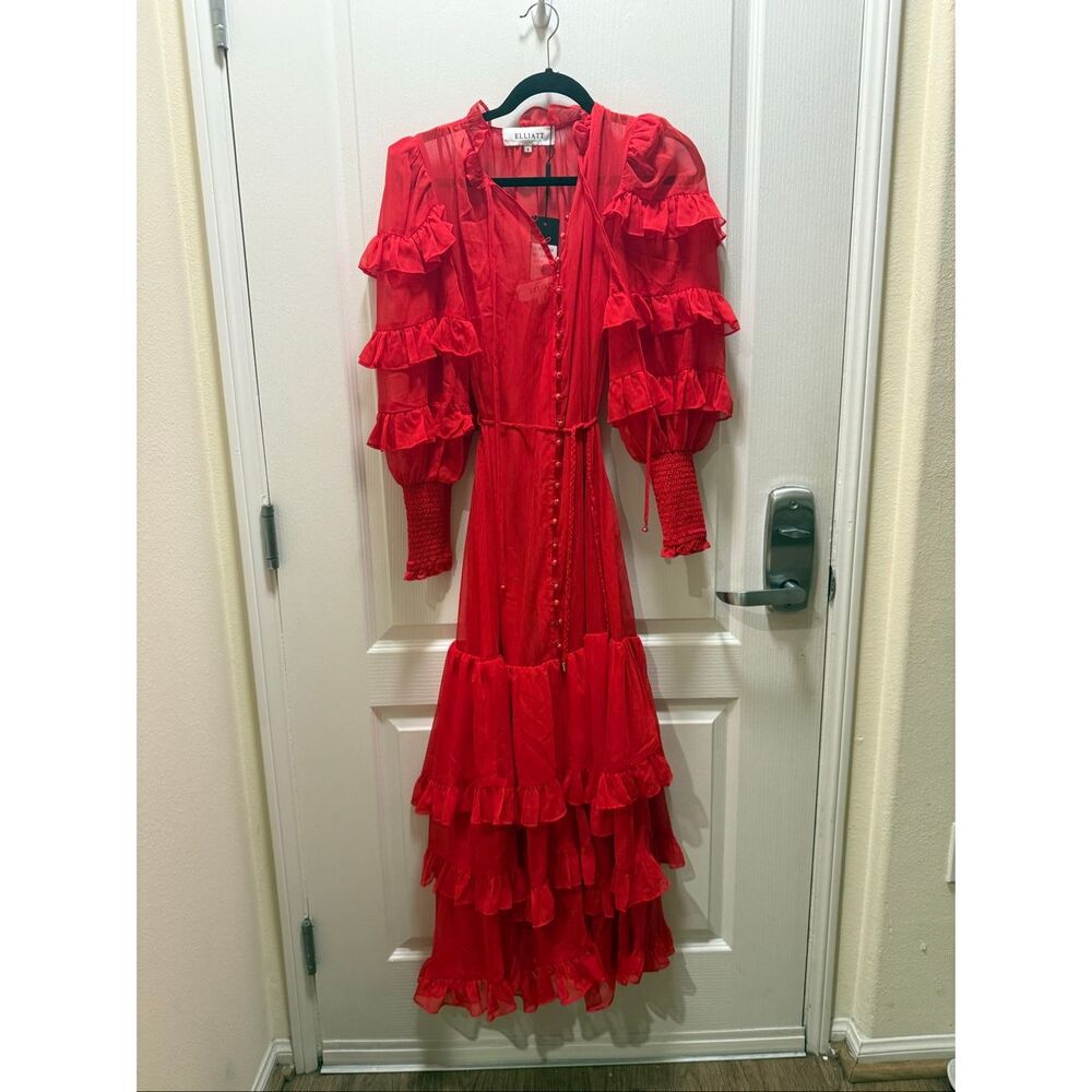 ELLIATT Lilja Long Sleeve Maxi Dress in Red Wedding Guest Cocktail Size S NWT - Picture 5 of 8